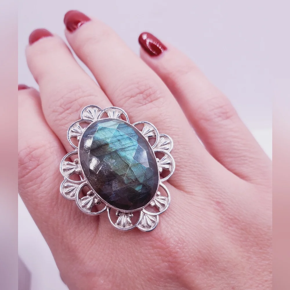 925 Sterling Silver Ring Blue Green Labradorite Ring Statement Ring Face…